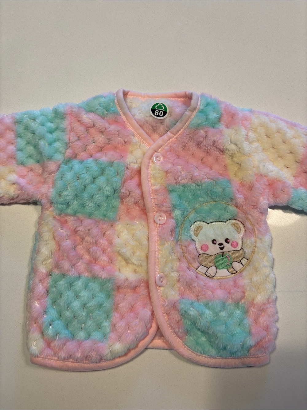 Fluffy Pastel Baby Jacket with Kawaii Embroidery Bear